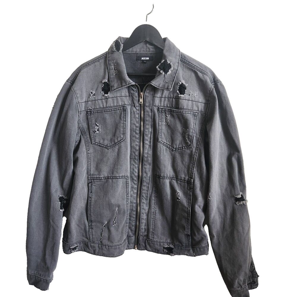 JACKSON MENS BLACK DENIM JEAN JACKET DISTRESSED BUTTON UP RIPPED CASUAL Large